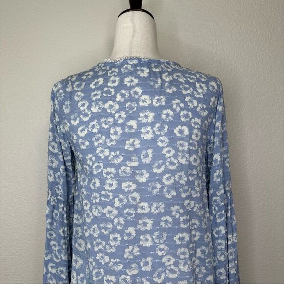 Everly Floral Blue Front Tie Swiss Dot Flared Sleeves Top, Size Small - Picture 10 of 13
